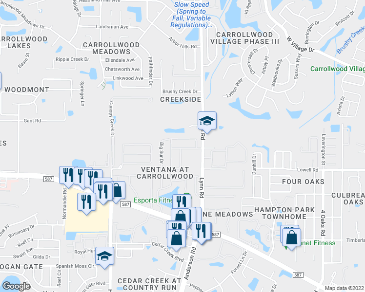map of restaurants, bars, coffee shops, grocery stores, and more near 12911 Big Sur Drive in Tampa