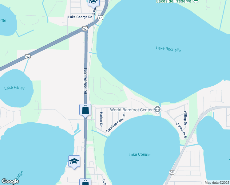 map of restaurants, bars, coffee shops, grocery stores, and more near 1032 Carefree Cove Drive in Winter Haven
