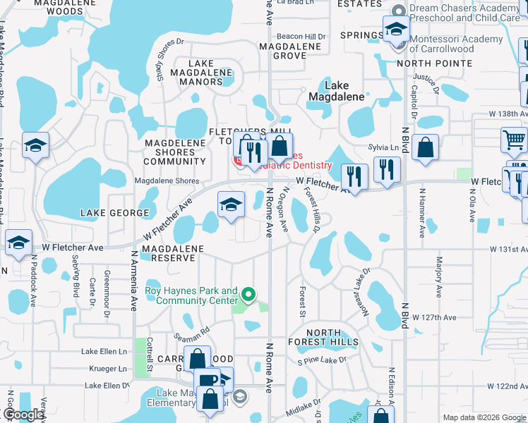 map of restaurants, bars, coffee shops, grocery stores, and more near 13324 Arena Place in Tampa