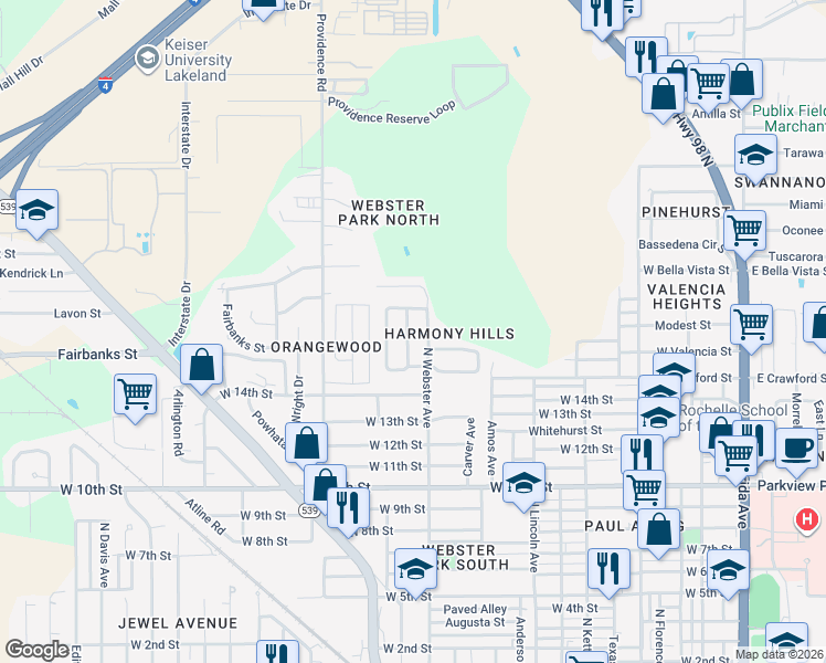 map of restaurants, bars, coffee shops, grocery stores, and more near 1740 Bush Avenue in Lakeland