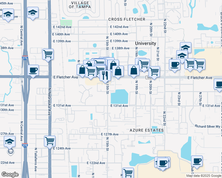 map of restaurants, bars, coffee shops, grocery stores, and more near 13214 Bunn Circle in Tampa