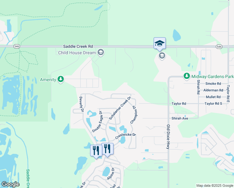 map of restaurants, bars, coffee shops, grocery stores, and more near Devonwood Court in Lakeland