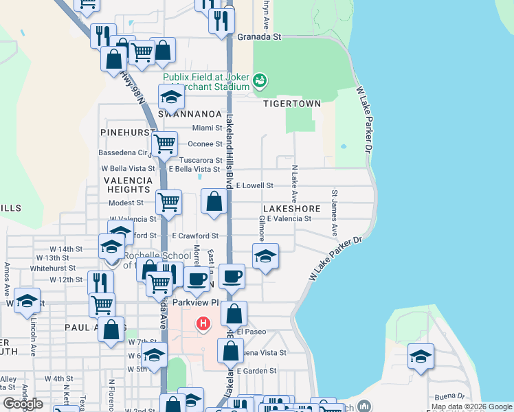 map of restaurants, bars, coffee shops, grocery stores, and more near 708 Lakehurst Street in Lakeland