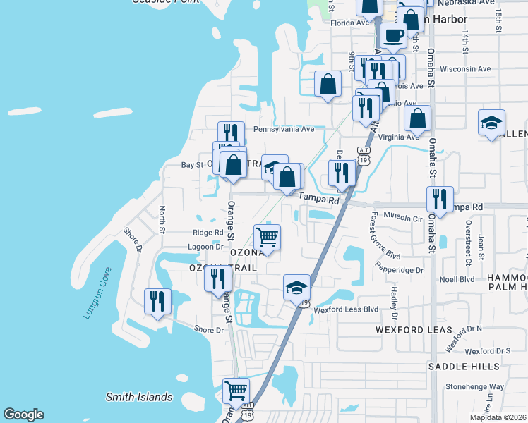 map of restaurants, bars, coffee shops, grocery stores, and more near 593 Ozona Village Drive in Palm Harbor