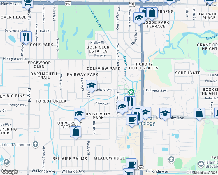map of restaurants, bars, coffee shops, grocery stores, and more near 300 Amherst Avenue in Melbourne