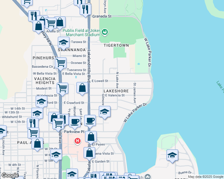 map of restaurants, bars, coffee shops, grocery stores, and more near 731 Lakehurst Street in Lakeland