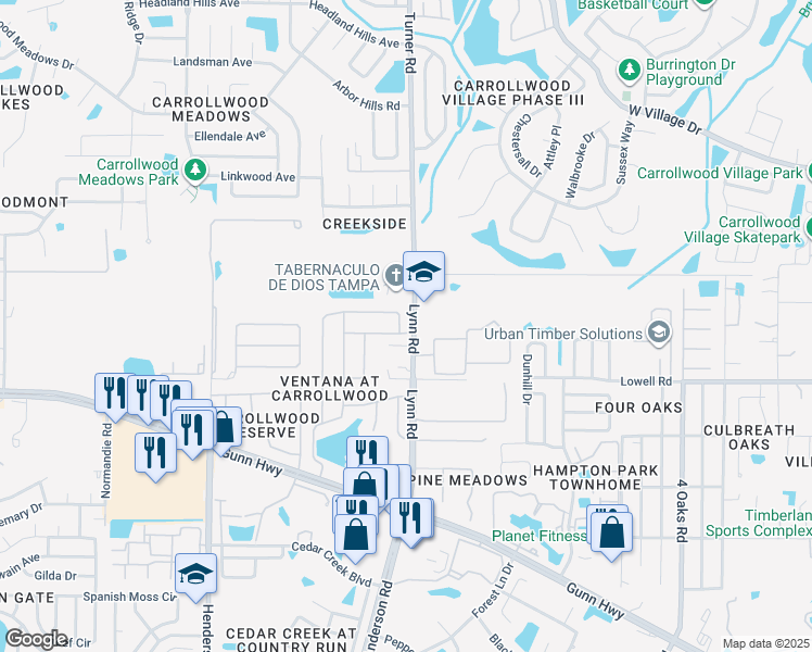 map of restaurants, bars, coffee shops, grocery stores, and more near 12930 Big Sur Drive in Tampa