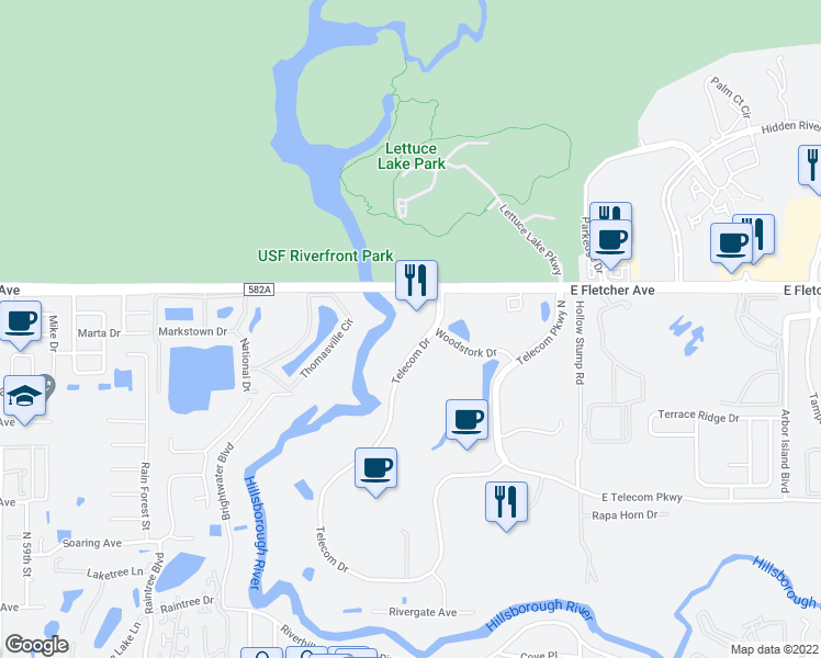 map of restaurants, bars, coffee shops, grocery stores, and more near 13294 Telecom Drive in Tampa