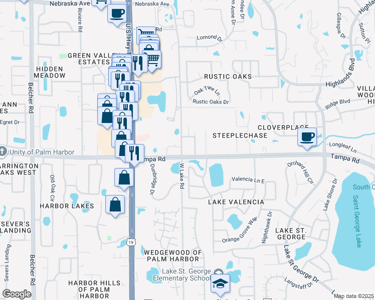 map of restaurants, bars, coffee shops, grocery stores, and more near 2707 Tampa Road in Palm Harbor