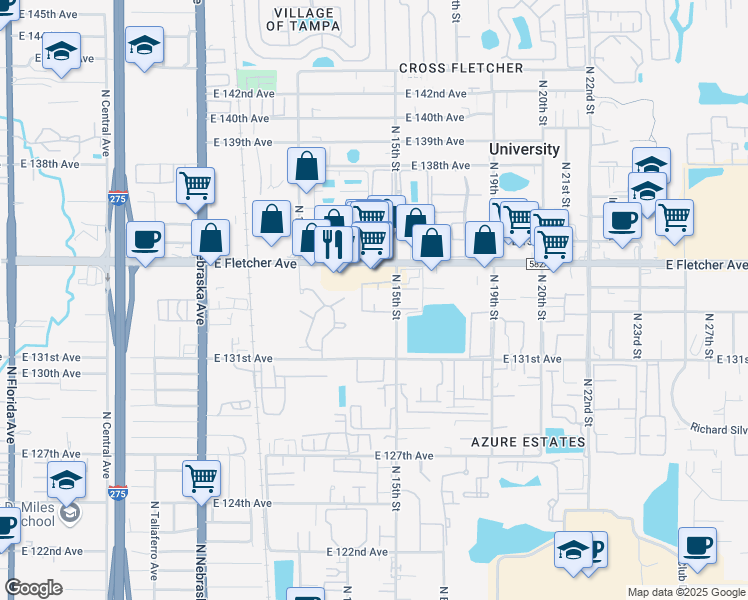map of restaurants, bars, coffee shops, grocery stores, and more near 13434 La Place Circle in Tampa
