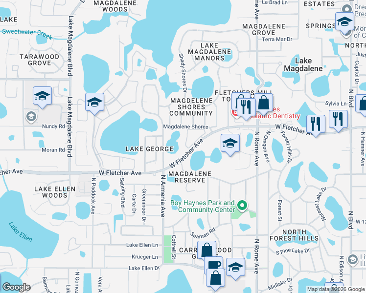 map of restaurants, bars, coffee shops, grocery stores, and more near 2304 Fletchers Point Circle in Tampa