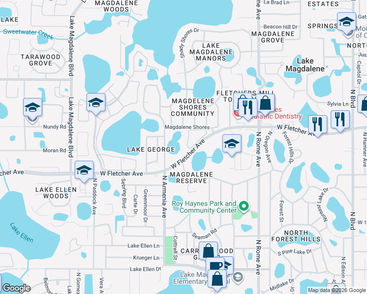 map of restaurants, bars, coffee shops, grocery stores, and more near 2263 Fletchers Point Circle in Tampa