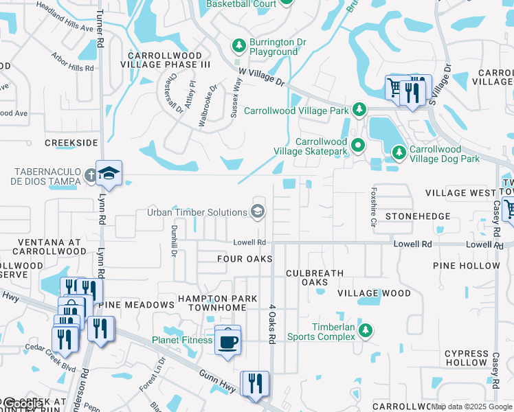 map of restaurants, bars, coffee shops, grocery stores, and more near 13112 Carrollwood Creek Drive in Tampa
