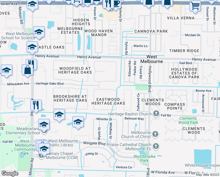 map of restaurants, bars, coffee shops, grocery stores, and more near 2288 Maeve Circle in West Melbourne