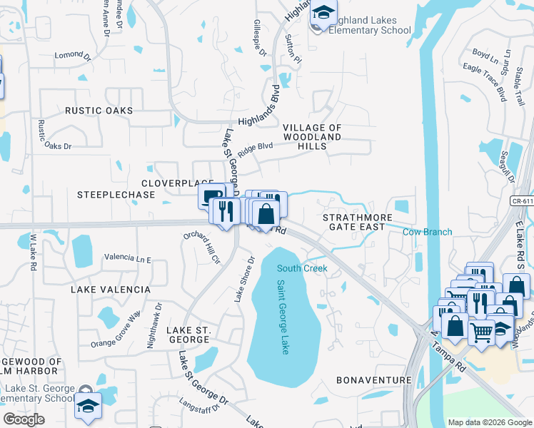 map of restaurants, bars, coffee shops, grocery stores, and more near 2824 Longleaf Lane in Palm Harbor