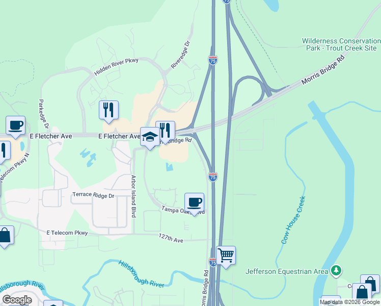 map of restaurants, bars, coffee shops, grocery stores, and more near 12162 Morris Bridge Road in Temple Terrace