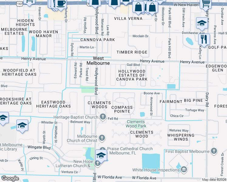 map of restaurants, bars, coffee shops, grocery stores, and more near 630 Brockton Way in West Melbourne