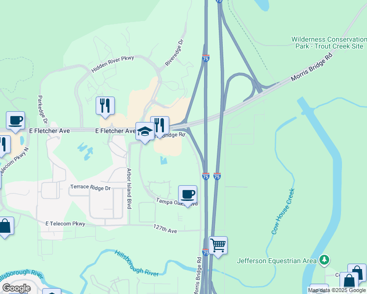 map of restaurants, bars, coffee shops, grocery stores, and more near 12162 Morris Bridge Road in Temple Terrace