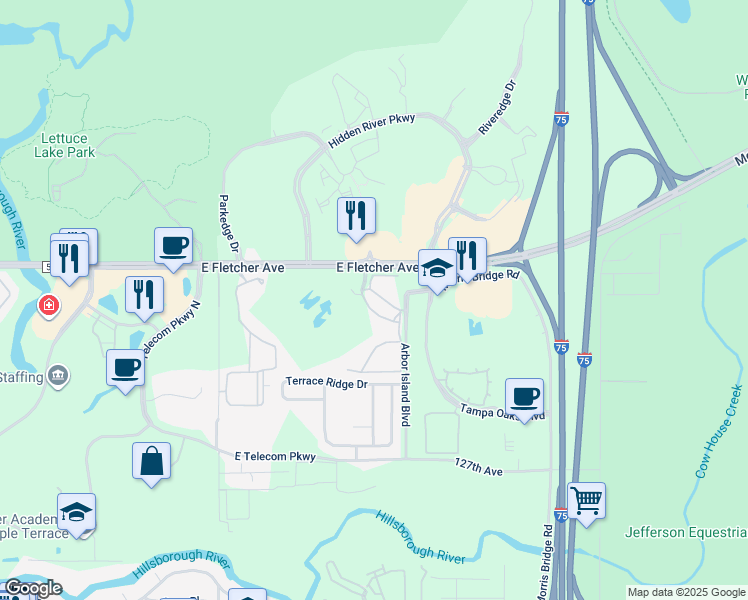 map of restaurants, bars, coffee shops, grocery stores, and more near 8513 Island Breeze Lane in Temple Terrace