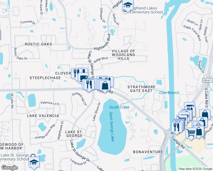 map of restaurants, bars, coffee shops, grocery stores, and more near 2824 Longleaf Lane in Palm Harbor