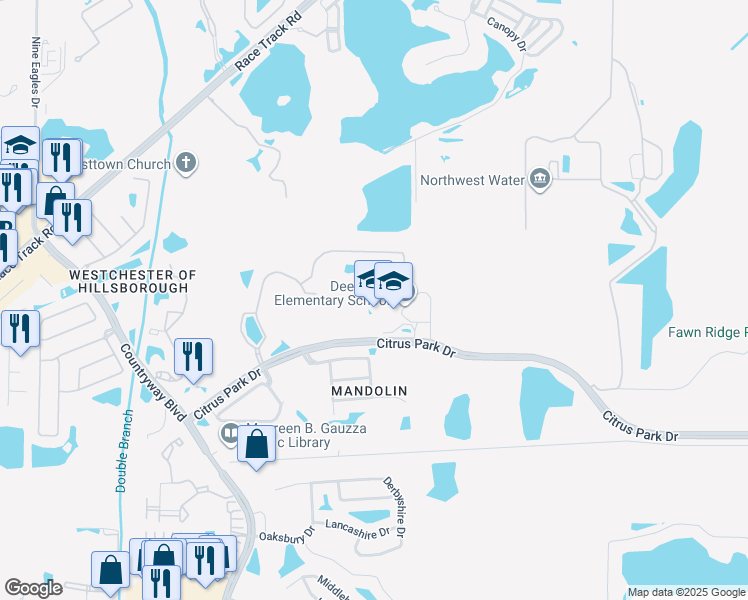 map of restaurants, bars, coffee shops, grocery stores, and more near 11605 Citrus Park Drive in Tampa