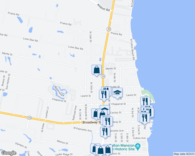 map of restaurants, bars, coffee shops, grocery stores, and more near 3677 Texas 35 in Rockport