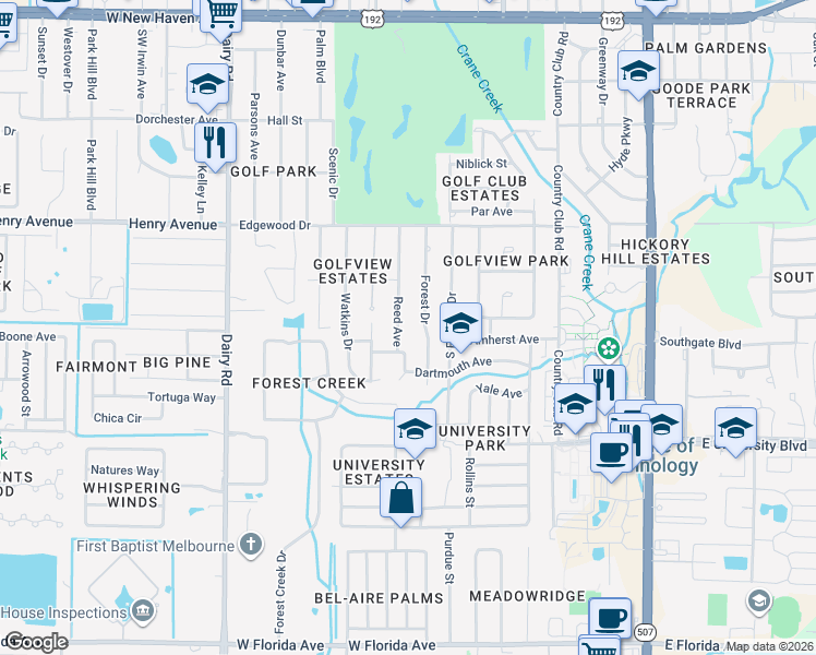 map of restaurants, bars, coffee shops, grocery stores, and more near 2629 Reed Avenue in Melbourne