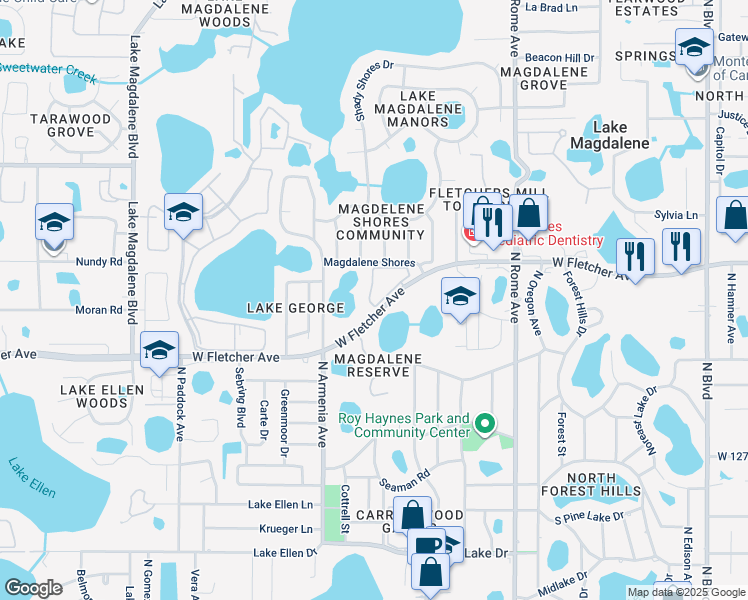 map of restaurants, bars, coffee shops, grocery stores, and more near 2304 Fletchers Point Circle in Tampa