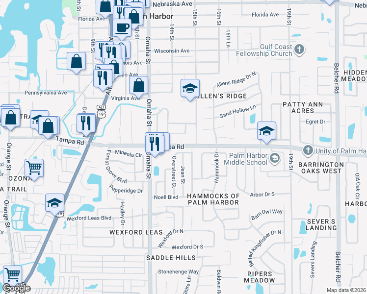 map of restaurants, bars, coffee shops, grocery stores, and more near 1444 Tampa Road in Palm Harbor