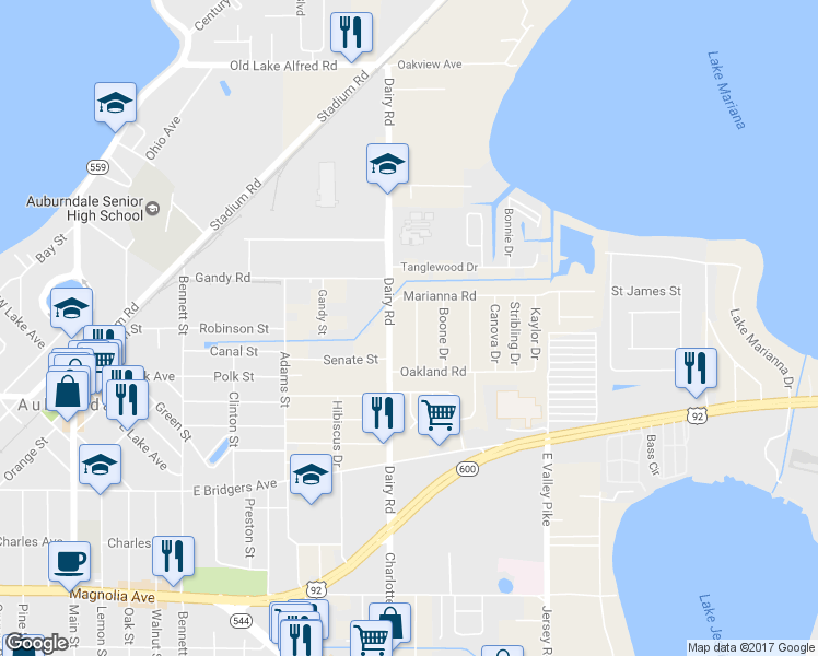 map of restaurants, bars, coffee shops, grocery stores, and more near 213 Pinehurst Drive in Auburndale