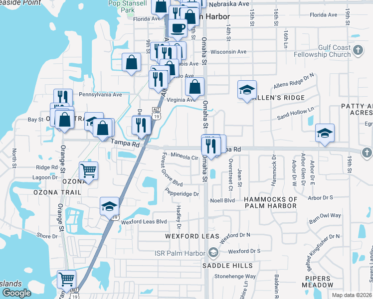 map of restaurants, bars, coffee shops, grocery stores, and more near 1144 County Road 752 in Palm Harbor