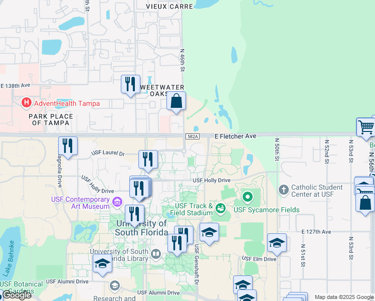 map of restaurants, bars, coffee shops, grocery stores, and more near 4207 USF Dogwood Drive in Tampa