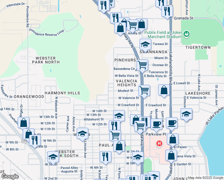 map of restaurants, bars, coffee shops, grocery stores, and more near 1704 Martin L King Junior Avenue in Lakeland