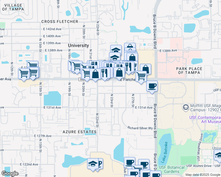 map of restaurants, bars, coffee shops, grocery stores, and more near 2227 133rd Avenue in Tampa