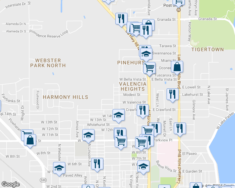 map of restaurants, bars, coffee shops, grocery stores, and more near 1704 Martin L King Junior Avenue in Lakeland