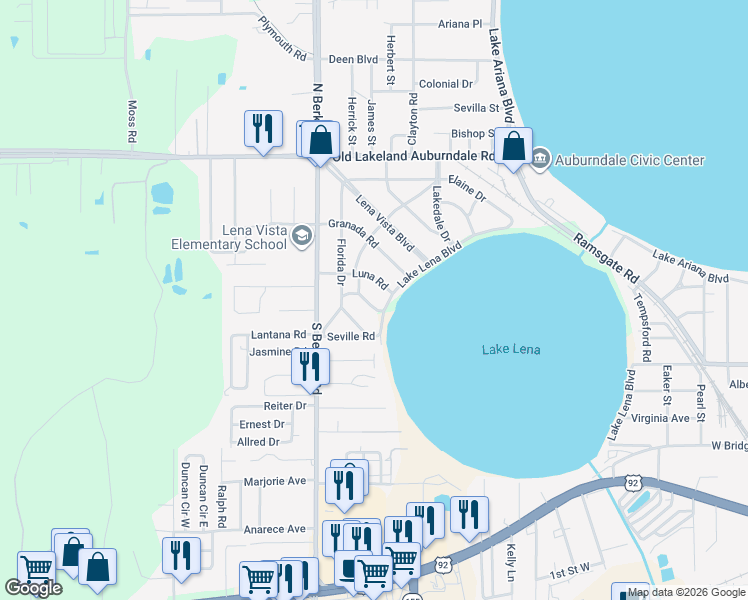 map of restaurants, bars, coffee shops, grocery stores, and more near 602 Lake Lena Boulevard in Auburndale