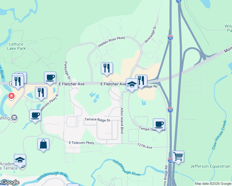 map of restaurants, bars, coffee shops, grocery stores, and more near 13010 Arbor Isle Drive in Tampa