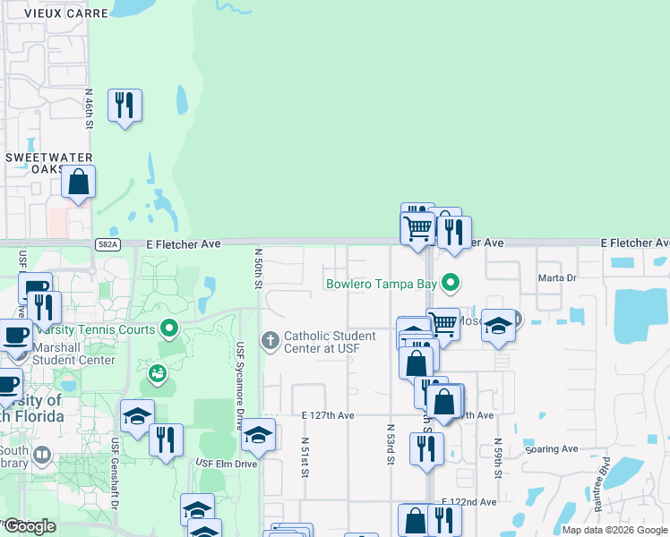 map of restaurants, bars, coffee shops, grocery stores, and more near Arbor Pointe Circle in Tampa