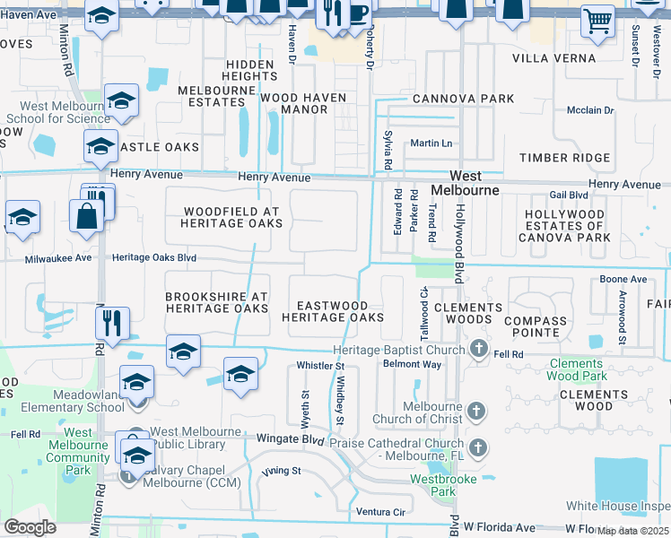 map of restaurants, bars, coffee shops, grocery stores, and more near 2288 Maeve Circle in West Melbourne