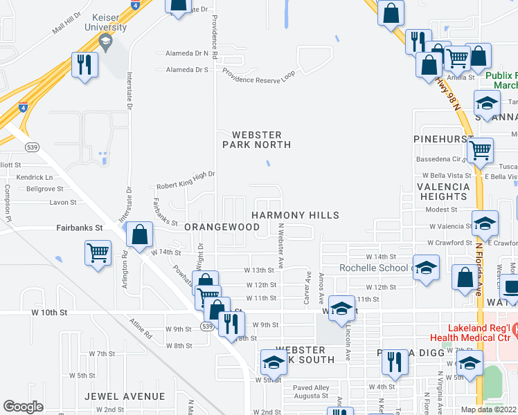 map of restaurants, bars, coffee shops, grocery stores, and more near 1739 Bayview Drive in Lakeland