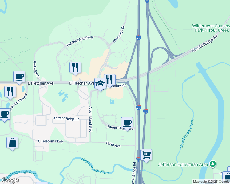 map of restaurants, bars, coffee shops, grocery stores, and more near 12260 Morris Bridge Road in Temple Terrace