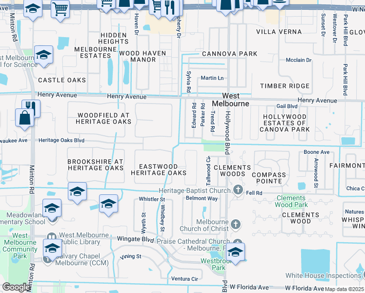 map of restaurants, bars, coffee shops, grocery stores, and more near 1872 Lune Court in West Melbourne