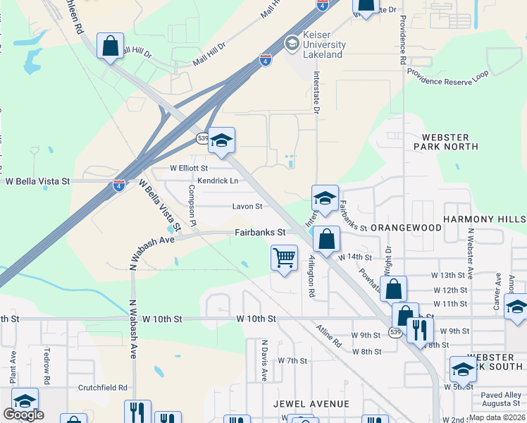 map of restaurants, bars, coffee shops, grocery stores, and more near 1720 Lavon Street in Lakeland
