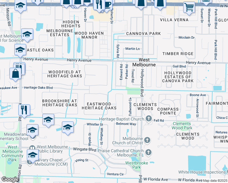 map of restaurants, bars, coffee shops, grocery stores, and more near 1872 Lune Court in West Melbourne