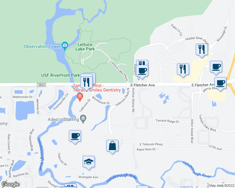 map of restaurants, bars, coffee shops, grocery stores, and more near 13420 Telecom Parkway North in Tampa