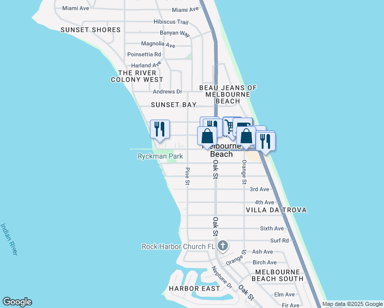 map of restaurants, bars, coffee shops, grocery stores, and more near 501 Ocean Avenue in Melbourne Beach