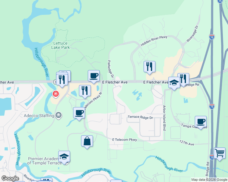 map of restaurants, bars, coffee shops, grocery stores, and more near 13243 Sanctuary Cove Drive in Temple Terrace