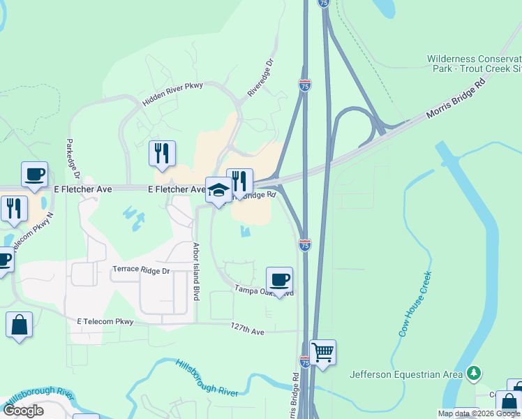 map of restaurants, bars, coffee shops, grocery stores, and more near 12260 Morris Bridge Road in Temple Terrace