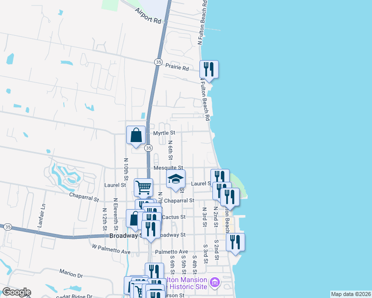 map of restaurants, bars, coffee shops, grocery stores, and more near 606 North 5th Street in Fulton