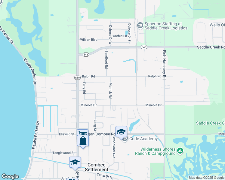 map of restaurants, bars, coffee shops, grocery stores, and more near 1649 Merrick Road in Lakeland